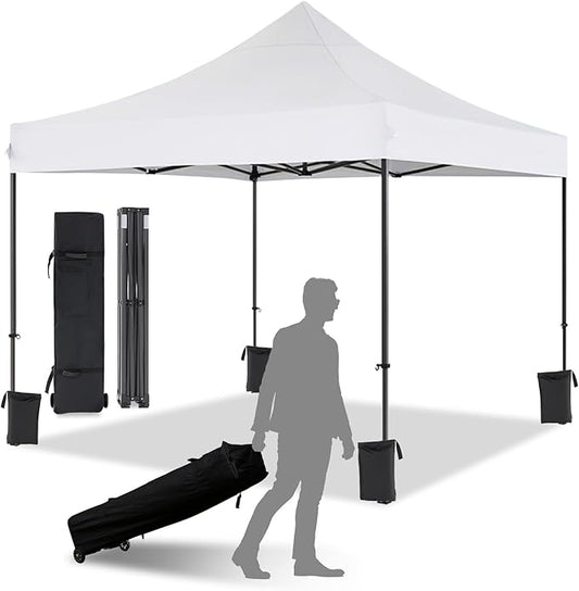 10x10 Pop Up Canopy with Wheeled Bag, Commercial Portable Canopy Tent, Easy Set Up, 4 Stakes & 4Sandbags & 4 Ropes, Waterproof Outdoor Shelter for Market, Parties, White