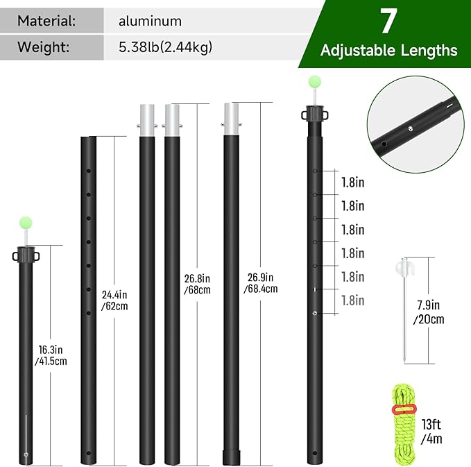 KOMCLUB Tarp Poles Telescoping Tent Poles Replacement Canopy Adjustable Aluminum Rods Camping Accessories Heavy Duty Pole Thicker Lightweight for Hiking Awning Backpacking+Tent Stakes+Reflective Ropes