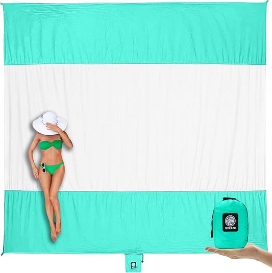 WEKAPO Beach Blanket Sandproof Waterproof, Extra Large Beach Mat, Oversized & Compact Sand Free Mat Quick Drying, Lightweight & Durable with Stakes & Corner Pockets