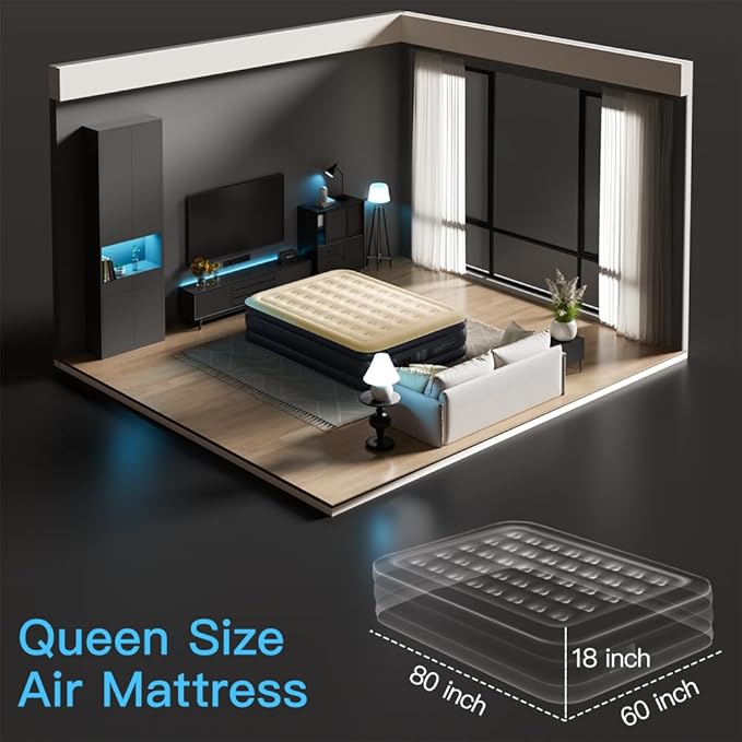 Air Mattress Queen with Built in Pump - Upgraded Blow Up Bed, 2 Mins Quick Self Inflatable/Deflation, 18"/650lbs Max, Strong Support,No Leakage,No Odor,for Home,Guests,Camping,Travel