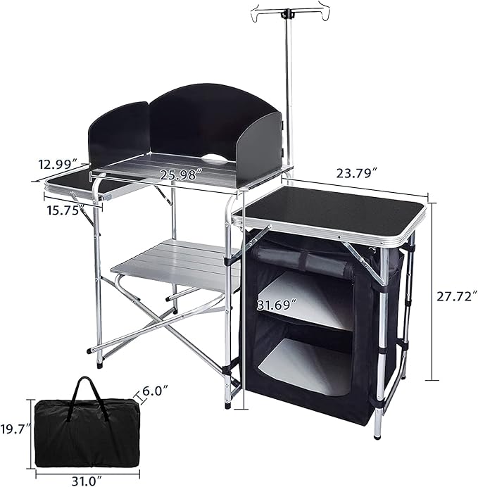 Folding Cooking Table Outdoor Portable Cook Station Aluminum Camping Kitchen with Storage Organizer, Windscreen, Hooks for BBQ, Party (Black)