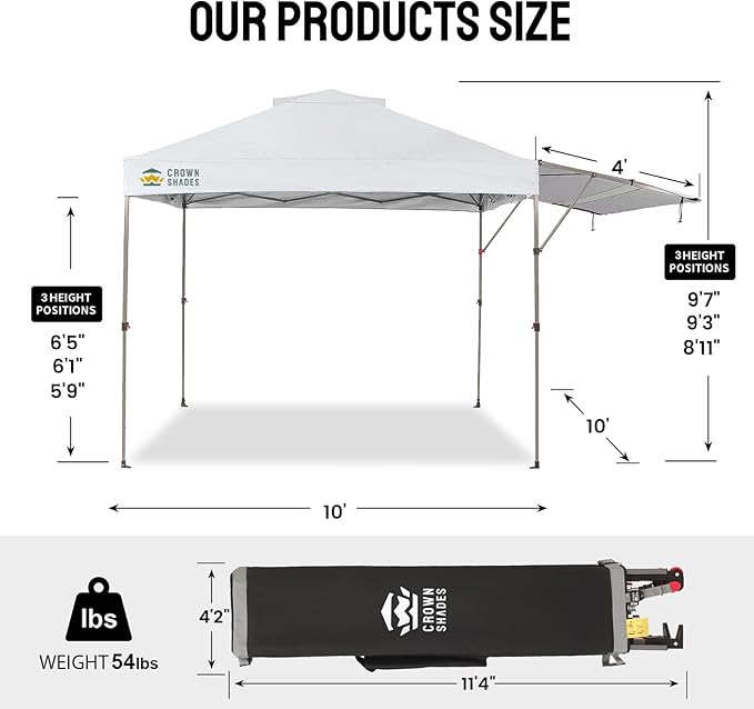 CROWN SHADES 10x10 Pop up Canopy Tent Patended Centerlock Instant Commercial Canopy with 150D Silver Coated Fabric Including 2 Extend Awnings, 4 Ropes, 8 Stakes, 4 Weight Bags (White, 10x14)