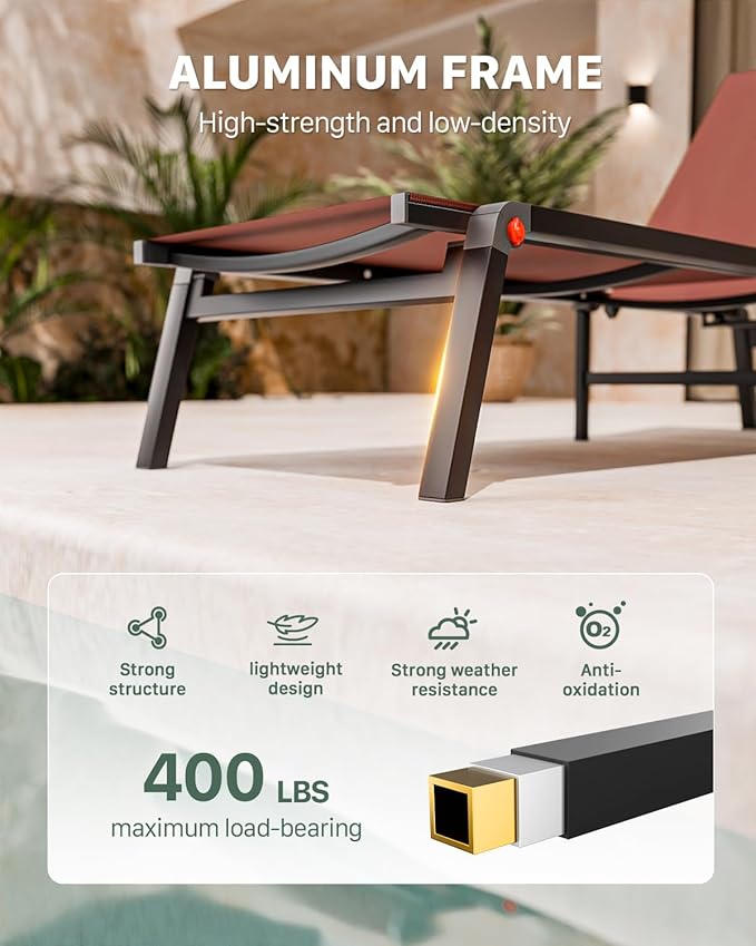 Aluminum Chaise Foldable Patio Lounge Chair Outdoor, Metal Deck Lounger Adjustable 5-Position Recliner Pool Chase Breathable Full Flat Outside Sun Tanning Chairs for Beach/Poolside/Lawn(Brown, 1 Pack)