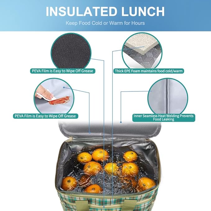 Iknoe Large Cooler Bag Collapsible 24 Can Insulated Bags Leakproof Lunch Cooler Tote with Multi-Pockets for Adult Insulated Thermal Bag for Beach, Picnic, Office Work(Khaki Lattice)