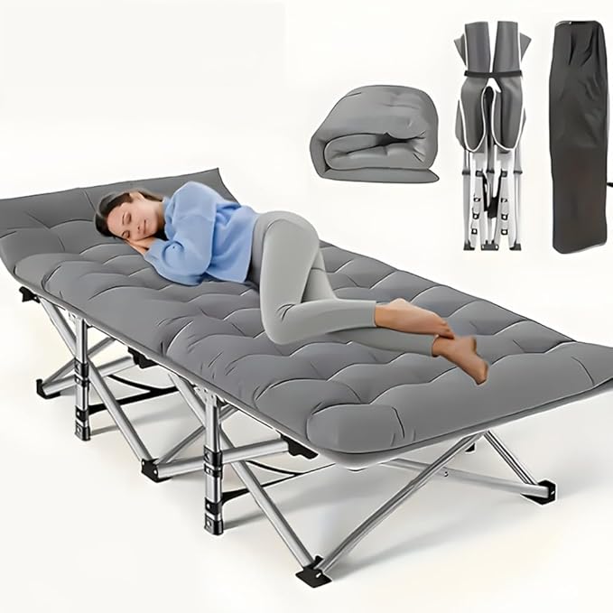 600LBS, Extra-Large Folding Outdoor Camping Bed with Mattress, Portable Folding Guest Bed, Heavy-Duty Sleeping bedwith Storage Bag, Suitable for Travel and Leisure (Grey 600lbs)