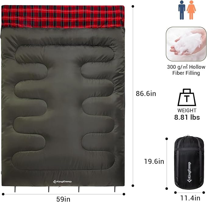 KingCamp Double Sleeping Bag for Adults, Queen Size 2 Person XXL Flannel Sleeping Bag, Waterproof Lightweight Flannel Quilt with 2 Pillows, Perfect for Couples Family Camping Hiking