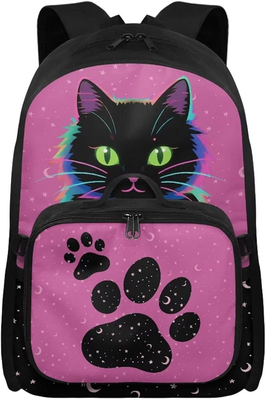 HUGS IDEA Neon Cat School Backpack for Kids 17 Inch Bookbag and Lunchbox for Kids Large School Bags for Girls Lightweight Book Bag for Students Travel Casual Daypack for Camping