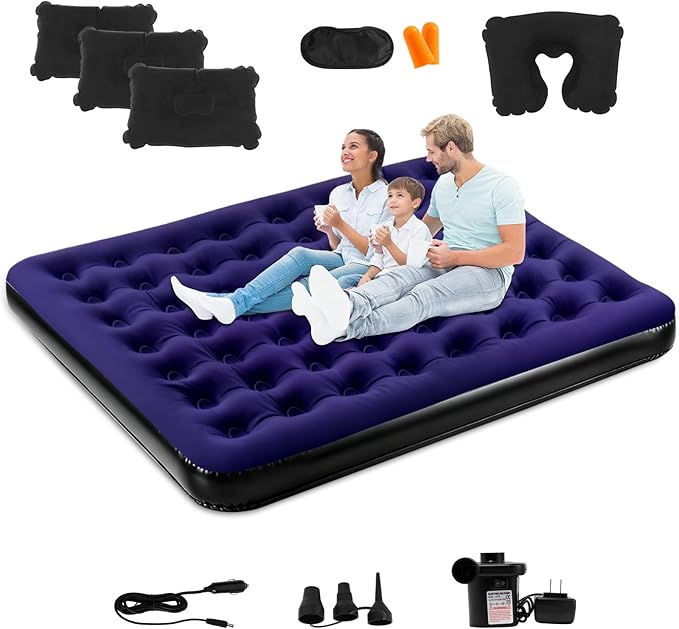 King Size Camping Air Mattress Bed with Air Pump,80"x 72"Thickened Portable Blow Up Inflatable Air Mattress,Travel Sleeping Bed Pad for Camping Home Hiking