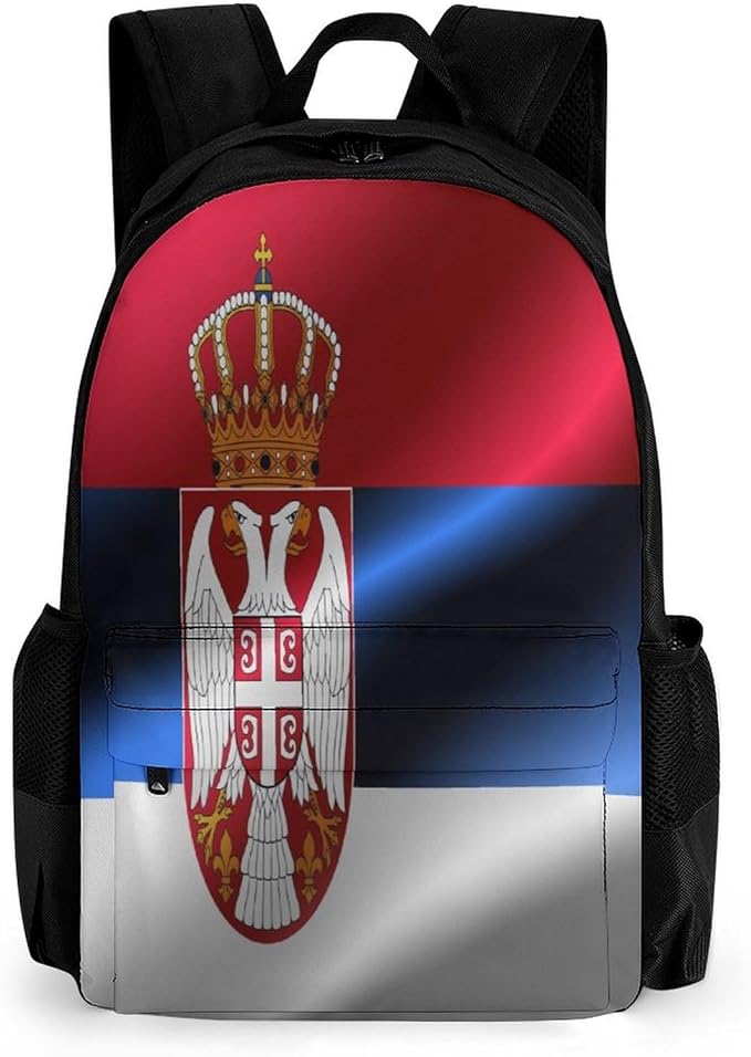 Men Women Polyester Flag Of Serbia Daypack Big Capacity Shoulder Bag With Smooth Zippers for Hiking Work Walking Cycling
