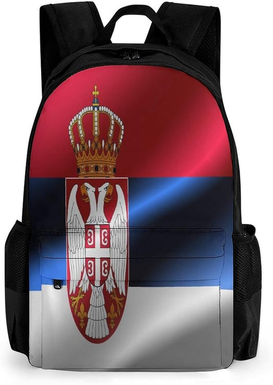 Men Women Polyester Flag Of Serbia Daypack Big Capacity Shoulder Bag With Smooth Zippers for Hiking Work Walking Cycling