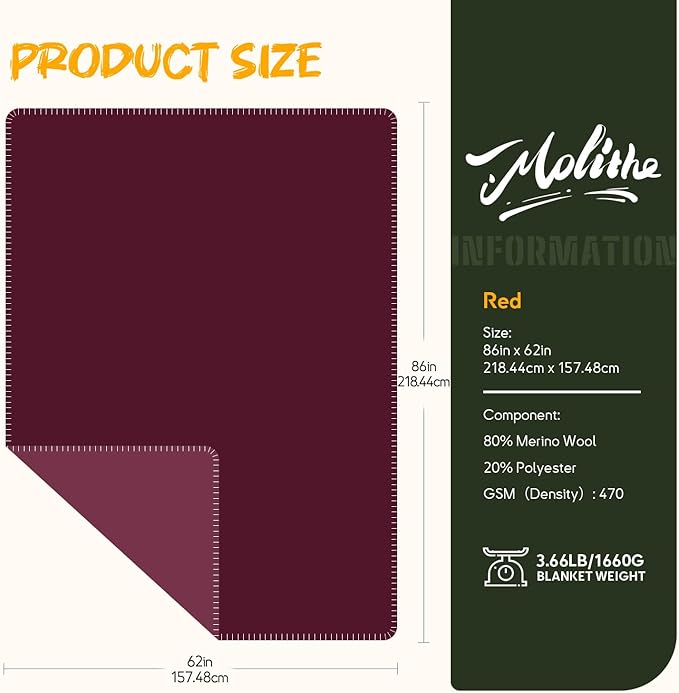 Merino Wool Blend Camping Blanket Ultra Warm, Moisture Wicking, Portable Outdoor Blanket for Camping, RV Trips, Adventures, Picnic, Bushcraft Survival Kits, Large 86"x62"