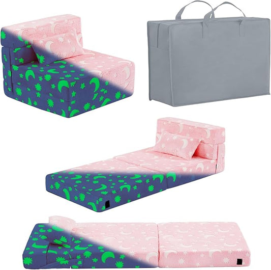 Folding Sofa Bed Floor Mattress for Kids with Pillow, Toddler Glow in Dark Washable Folding Floor Mat for Daycare, Child Foldable Futon Chair with Storage Bag for Playroom, Camping, Pink Moon
