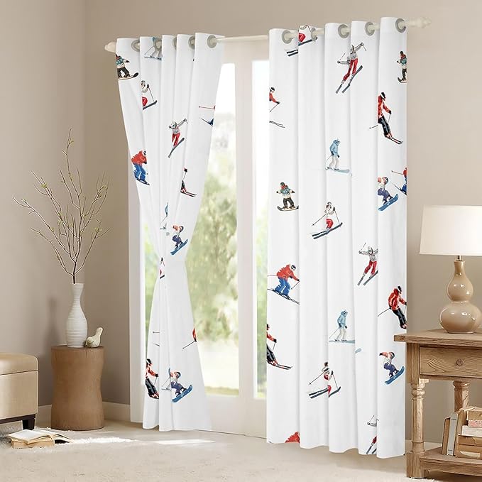 Manfei Skiing Blackout Curtains,Ski Winter Extreme Sport Competition Boys Girls Room Decor,Snowboarding Modern Fashion Window Drapes,White 2 Panels,52Wx96L inch