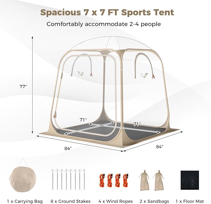 KOTEK Sports Tents for 2-4 Persons, 7 x 7 ft Pop Up Bubble Tent with 2 Ventilated Windows, Floor Mat & Carrying Bag, Weather Proof for Sports Events Outdoor Patio Garden Backyard Camping