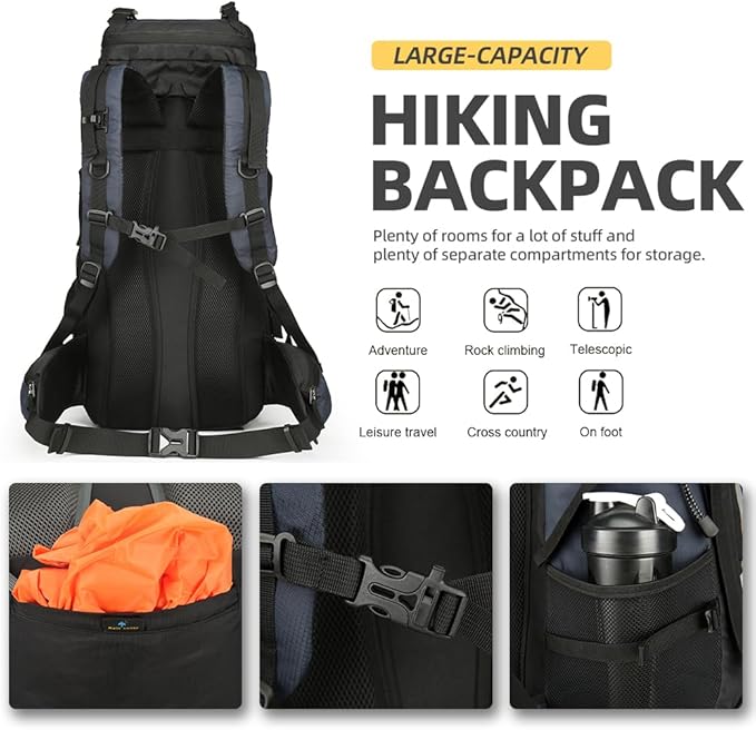 King'sGuard 60L Hiking Backpack for Men and Women Lightweight Camping Hiking Backpack with Rain Cover Large Waterproof Travel Backpack Backpacking Pack (Navy Blue)