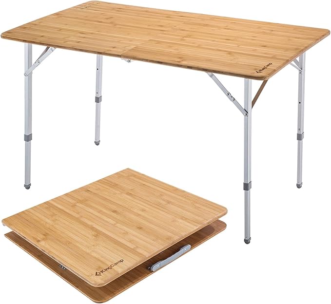 KingCamp Bamboo Folding Table, Camping Outdoor Portable Camp Table with Adjustable Height legs & Carry Bag for Outdoor RV Backyard Picnic Tailgating Beach