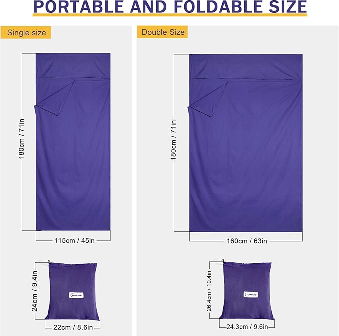 Sleeping Bag Liner, Ultralight Travel Sheet with Zipper and Compact Carry Bag, Portable Sleeping Camping Sheet, Soft Sleeping Bag Sack for Hotel, Hiking, Tenting, Camping