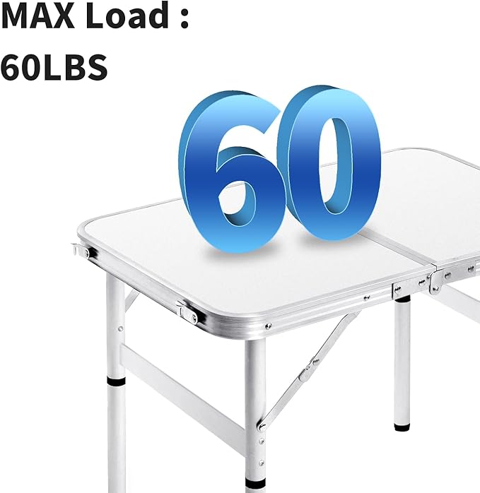Small Folding Table 2FT Foldable Camping Table Portable Picnic Table Aluminum 2 Height Adjustable Outdoor Beach Card White 23.6×15.7 inch