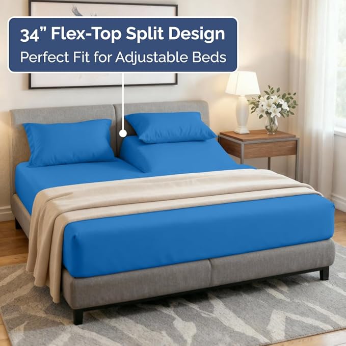 Flex Top Split Head King 4 Piece Sheet Set - Comfy Breathable & Cooling Bed Sheets Set - Hotel Luxury Bedding for Women, Men, Kids, Teens, Boys & Girls - Deep Pockets, Soft and Oeko-Tex - Royal Blue