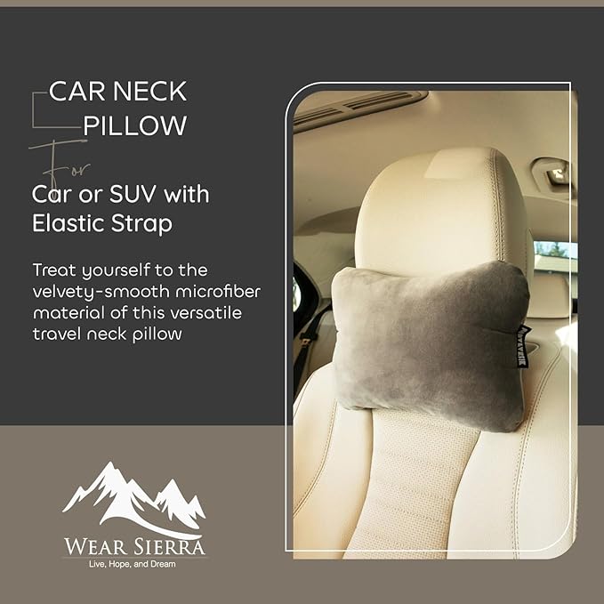 Wear Sierra Car Neck Pillow for Driving Comfort - Soft Microfiber Headrest Cushion with Elastic Strap for Pain Relief and Neck Support - Universal Travel Pillow for Car Seat or SUV