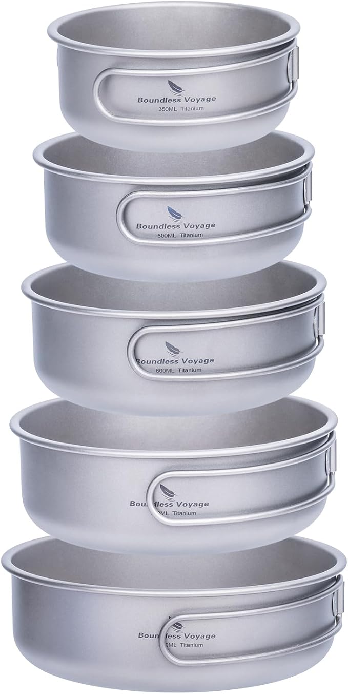 Boundless Voyage Titanium Bowls Dishes Set with Folding Handle Lightweight Portable Plates Saucers Tableware for Outdoor Camping Hiking Backpacking Ti1096T