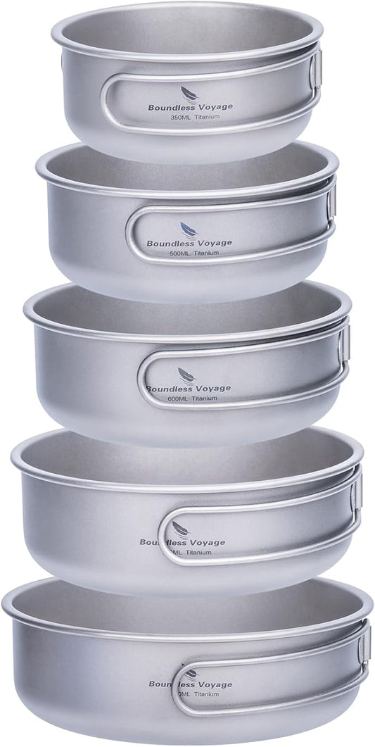 Boundless Voyage Titanium Bowls Dishes Set with Folding Handle Lightweight Portable Plates Saucers Tableware for Outdoor Camping Hiking Backpacking Ti1096T