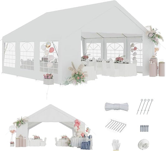 Aoxun 20x20 Party Tent Canopy for Weddings Waterproof Event Tent with Removable Sidewalls &Roll-up Door, Heavy-Duty Steel Frame for Outdoor Weddings, BBQ, Birthday Parties, & Camping,White