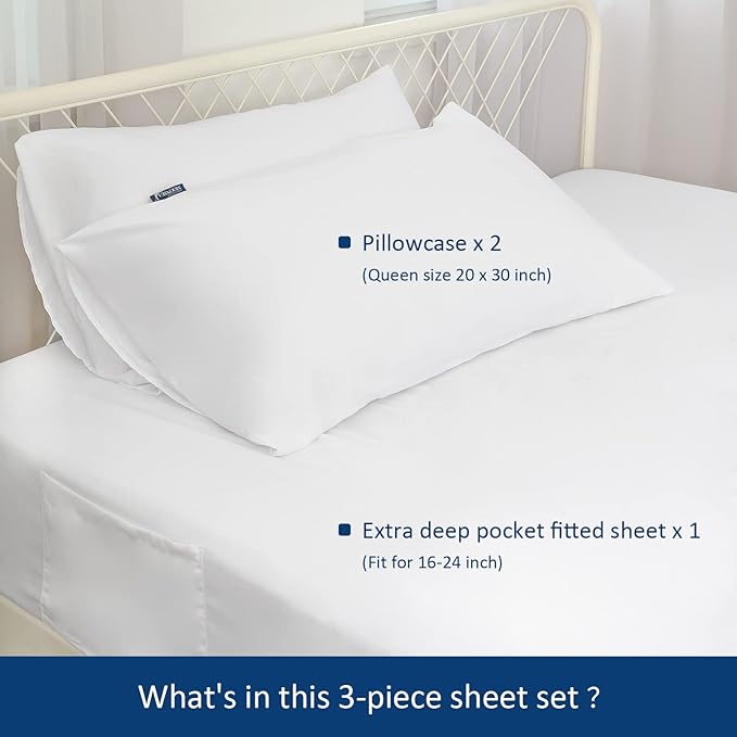 Extra Deep Pocket Air Mattress White Sheets Twin Size - 3Pcs Side Storage Pocket Fitted Sheet & Pillowcase Twin Deep Pocket Sheet Sets Easily Fits for Kids 16in to 24in Pillow Top Air Bed