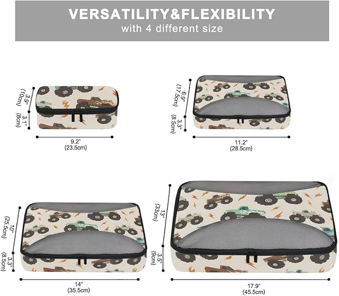 Monster Truck Lightning Compression Packing Cubes for Travel Luggage Suitcase Packing Organizers Bags Carry On Lightweight 4 Set