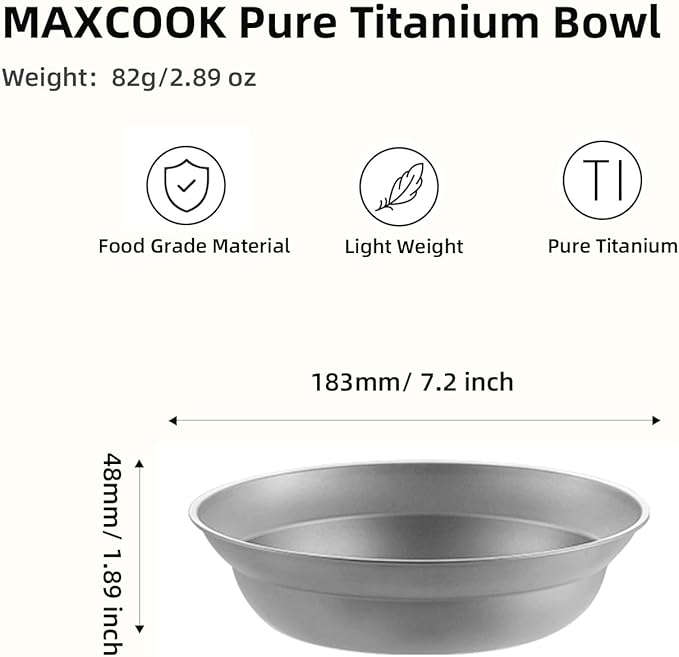 Pure Titanium Camping Bowl Large 7.2 inch Backpacking Ultralight Cookware Outdoor Hiking Kitchen