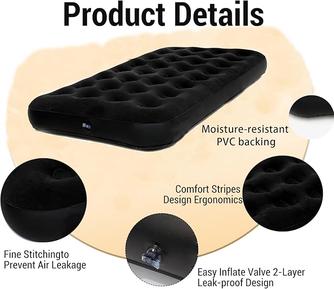 Twin Size Single Camping Air Mattress Bed with Air Pump,75"x 39"Thickened Portable Inflatable Mattress Blow Up Air Mattress,Travel Sleeping Bed Pad for Camping Home Hiking(Black)