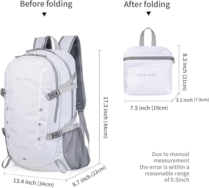 NODLAND Lightweight Backpack, Travel 40L Foldable Water-Resistant Daypack, Hiking Outdoor Camping Rucksack for Men Women