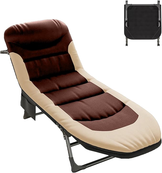 Folding Camping Cot, Six-Position Adjustable Backrest, Camping Cot for Adults Comfortable with Pillow and Side Pockets, Supports 330lb, for Home Office Nap Beach Travel Hiking. (Brown)