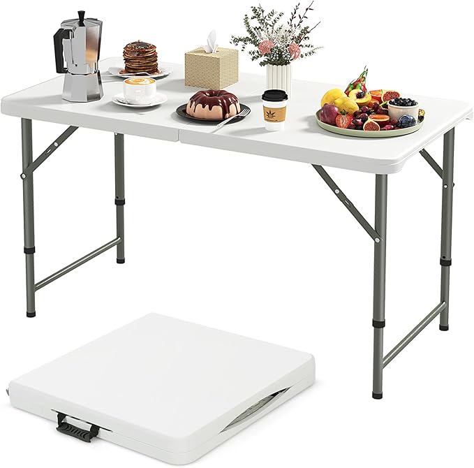 Goplus Portable 4 Foot Plastic Folding Table, 400 LBS Indoor Outdoor Heavy Duty Adjustable Folding Tables with HDPE Tabletop, Carrying Handle, Foldable Utility Card Table for Picnic, Camping, Dining