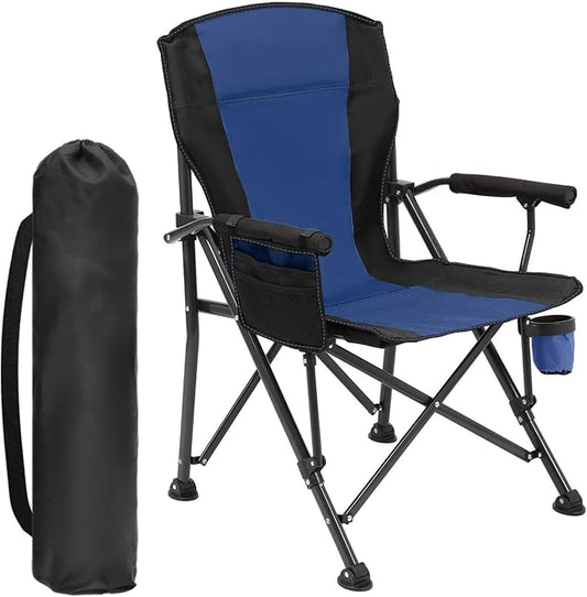 Oversized Folding Camping Chair for Adults, Supports 450 LBS Camping Chairs, Heavy Duty Camping Chair with Side Pockets, Foldable Outdoor Chair for Camping, Beach, Fishing, Hiking, Blue-Black