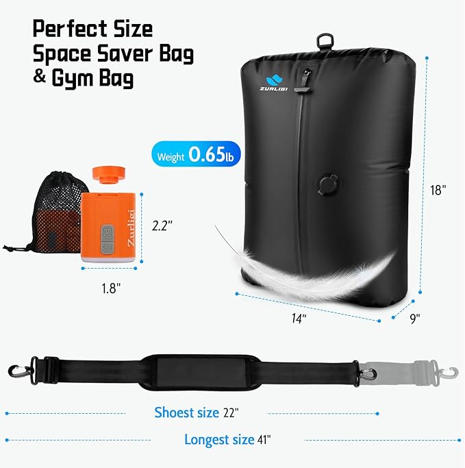 Zurligi Travel Vacuum Bags with Shoulder Strap & Mini Pump – IPX8 Waterproof Vacuum Seal Reusable 39L Carry-On Compression Bags for Clothes, Suitcase & Luggage(2-Pack, Black)