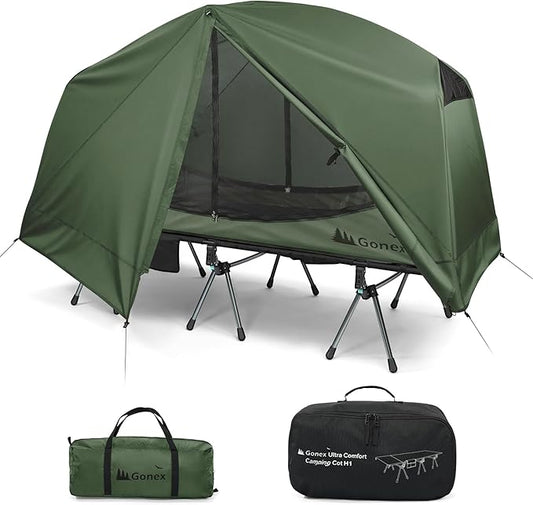 Gonex Camping Tent Cot for Adults, 1-Person Off-Ground Folding Portable Easy Set-up Tent Cot Combo Supports 350lbs for Hiking, Backpacking, Car & Motorcycle Camping(31.5" W X 78.7" L)-Army Green