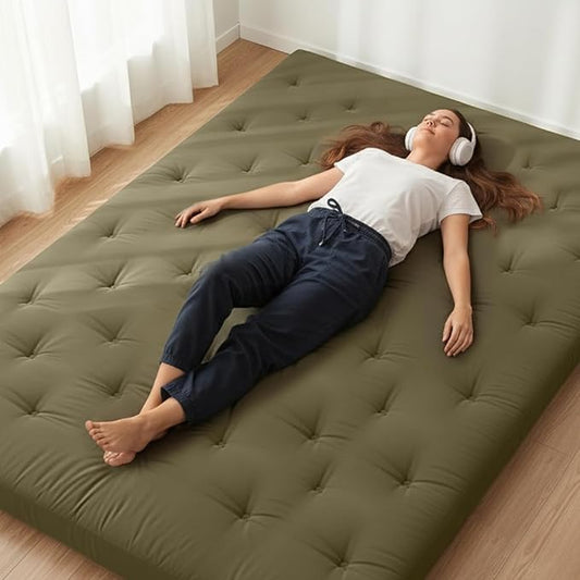 ZonLi Japanese Floor Futon Mattress Queen Size 80"x 60", 100% Cotton Cover 4'' Thicken Tatami Mattress, Foldable Sleeping Pad, Portable Dormitory Tatami Mat, Roll Up Floor Lounger Bed for Adult
