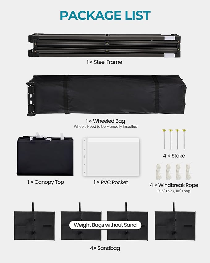 10x15 Canopy Tent with Roller Bag, Easy Up Pop Up Tent, 300D Silver-Coating Outdoor Shelter, 4 Stakes & 4Sandbags & 4 Ropes, Black