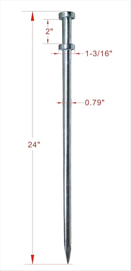 Double Head Tent Stakes - Heavy Duty 1045 Steel Heat-Treated Ground Spikes, Forged Geometric Sharp Tips for Stronger Hold, 0.79”(20mm) Diameter x 24" Length, 4-Pack