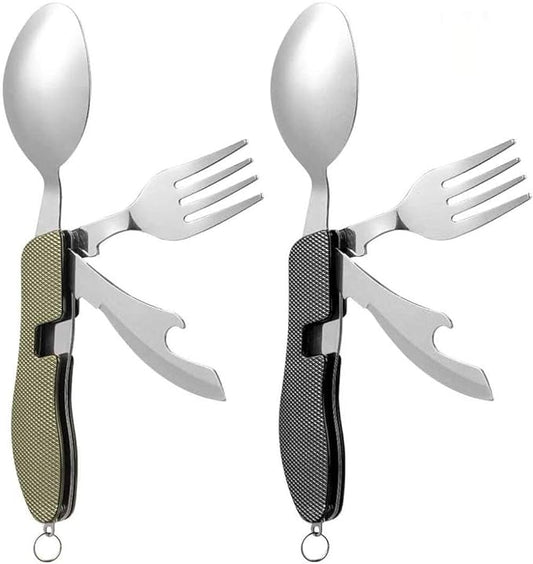 2Pcs Detachable Camping Utensils Cutlery Set, Caudblor Portable 4 in 1 Stainless Steel Travel Utensil, Foldable Knife Fork Spoon Bottle Opener, Multi Function Eating Flatware Tableware(Green Black)