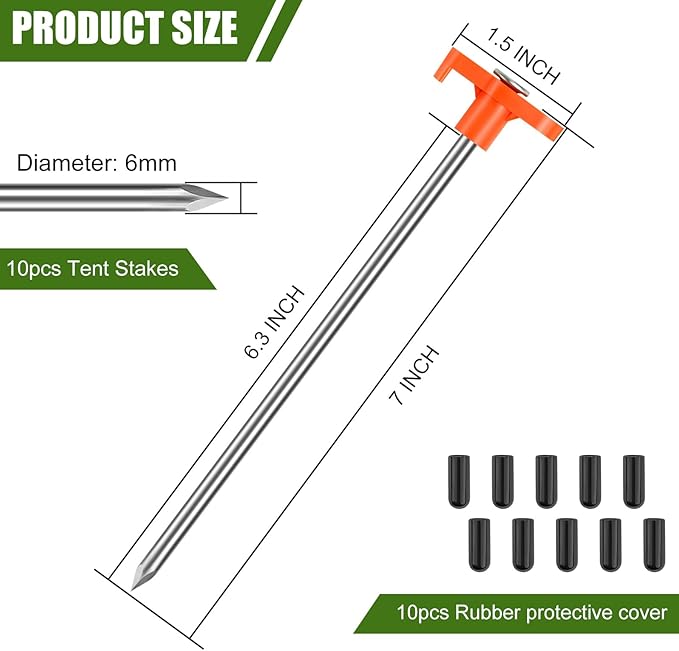 10PCS Tent Stakes Heavy Duty,7.1Inch Tent Pegs Non-Rust Metal Camping Stakes,Ground Stakes Tent Spikes Camping,Hiking Orange