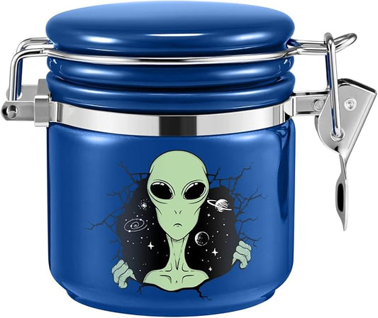 Alien Smell Proof Jar Half Oz (250ml), Separate Space for Humidity Pack To Keep Herbs Fresh For Months - Ceramic Smell Proof Containers, ET Stash Jar with Clamp Lid - Double Sealed Airtight Jar - Blue