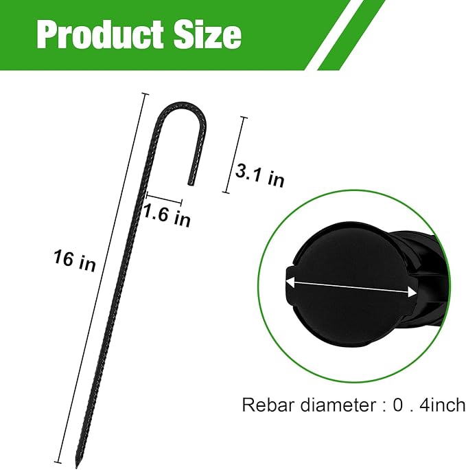 ERYTLLY 16In Rebar Stakes J Hook Heavy Duty Galvanized Metal Stakes for Ground Barrel Soil Tent Swing Set Anchors Fence Stakes Curved Steel Plant Support Garden Stakes with Hooks (16in 8pk)