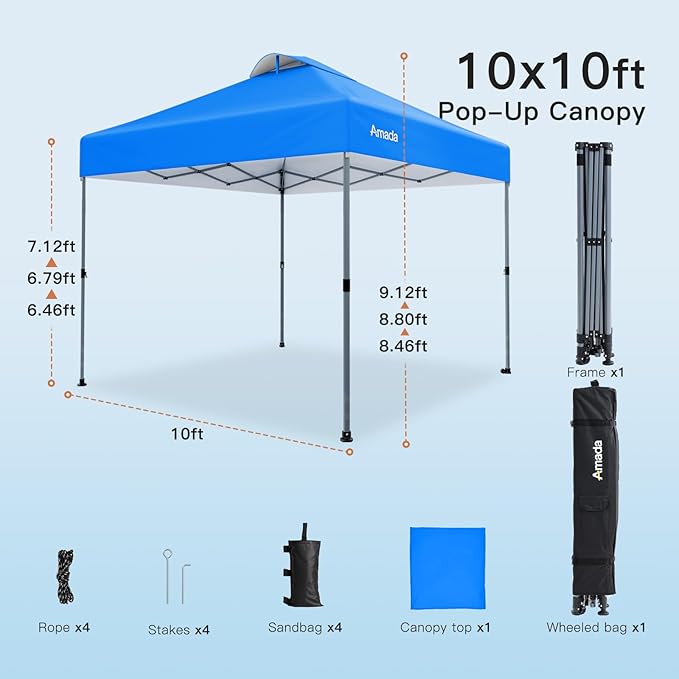 Amada 10x10 Pop Up Canopy - Center Lock One Push Instant Setup Gazebo Outdoor Canopy Beach Tent with STO-N-Go Bag 8 Stakes & 4 Sand Bags, 3-Height Adjustable Shade Shelter (10x10ft, Blue)