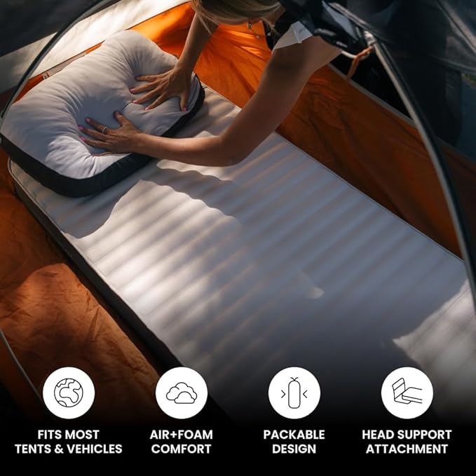 Luno Hybrid PRO Air + Memory Foam Camping Mattress for Tent & Car - 4" Self Inflating Camping Pad for Sleeping, Ultra Packable Design - Universal Fit w/AirRoll Bag, Repair Patch & Head Support Bridge