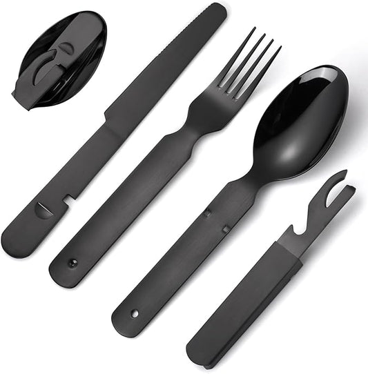 Portable Silverware Black Flatware Camping Cutlery Stainless Steel Spoon Fork Knife and Bottle Opener 4 Pieces Utensil Outdoor Travel Foldable Easy to Clean
