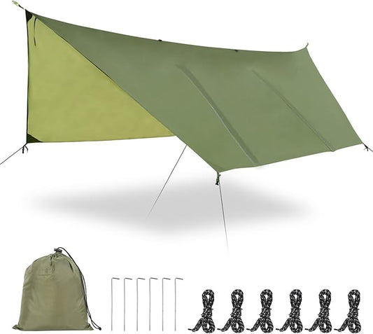 Hammock Rain Fly Tent Tarp Large Ultralight Camping Tarps Waterproof Portable Backpacking Multifunctional Rain Cover for Outdoor Hiking, Picnic, Hammock, Car, Backpacking,11.5x9.5ft