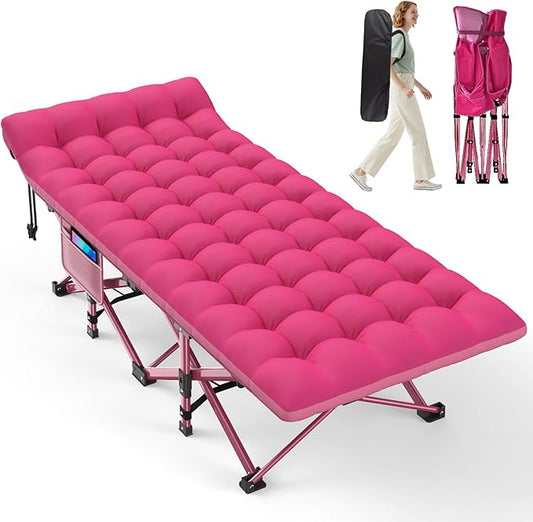 ZENPETIO Camping Cot for Adults - Heavy-Duty Cot Bed with Mattress, Portable Sleeping Cots for Outdoor Indoor, 1200D Oxford Folding Cots for Home Travel, Max Load 500LBS, Pink28in