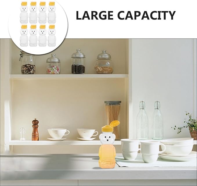 Uonlytech Bear Shaped Juice Bottles Small Plastic Beverage Containers with Caps 8pcs Refillable Honey Bear Bottles for Kitchen Storage and Juice Dispensing